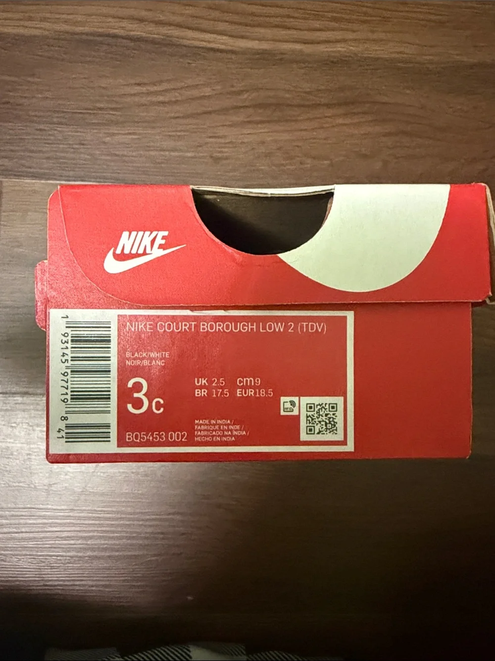 Nike Court Borough Low 2 (TDV)  Black and White Velcro Sneakers baby